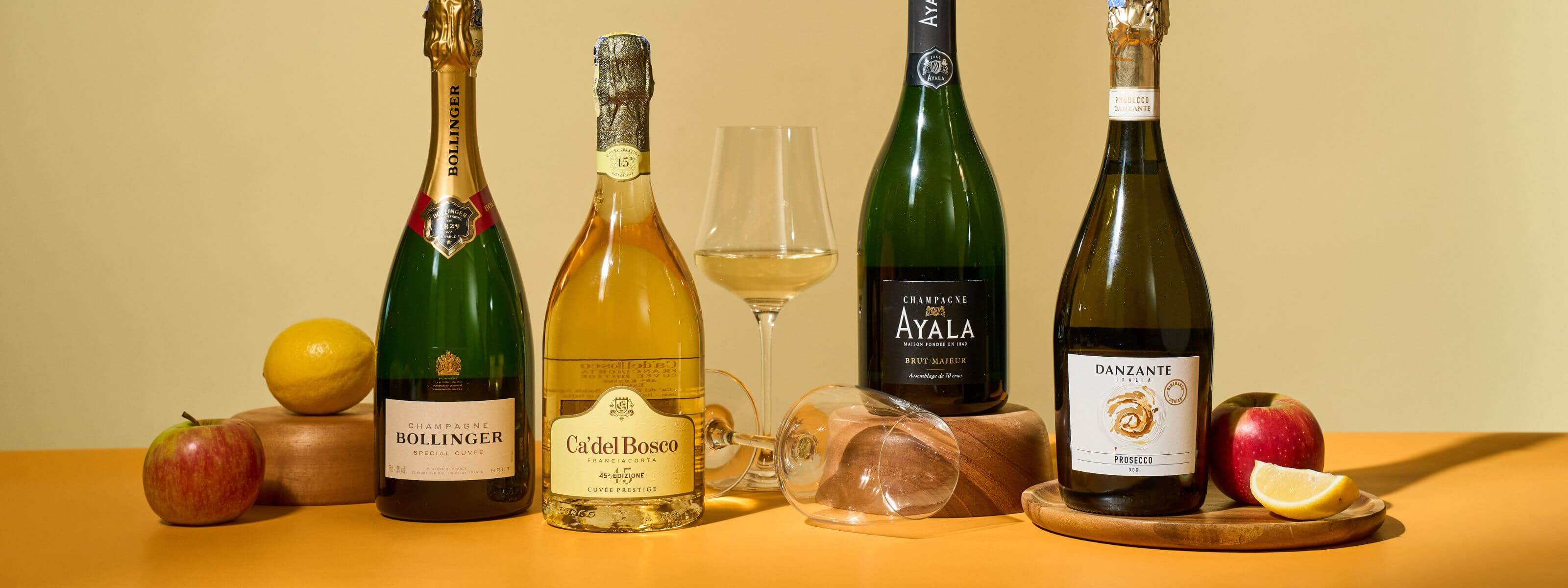 Our selection of sparkling wines and champagnes, featuring champagne houses like Bollinger, Ayala and Ca' del Bosco.