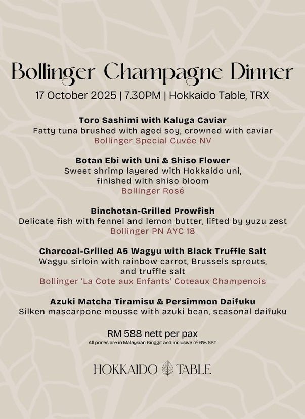 Bollinger Champagne Dinner at Hokkaido Table - AlbertWines2u