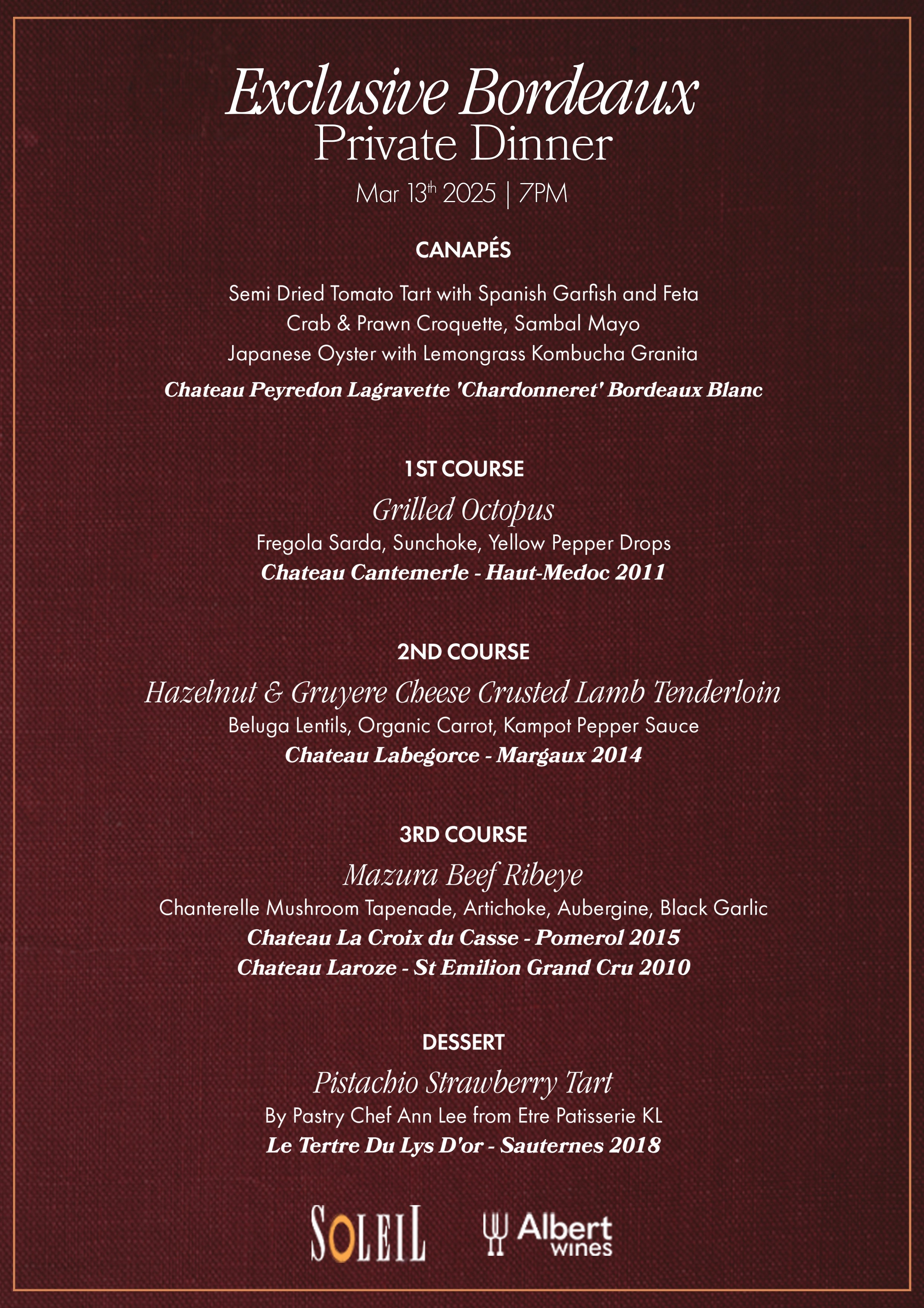 Bordeaux Grand Cru Wine Dinner @ Soleil - March 13th 2025 - AlbertWines2u