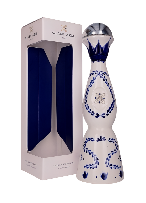 A tall, smooth ceramic bottle shaped like an hourglass. Hand-painted blue floral and feather-like patterns swirl gently across the white surface like vines. A heavy silver cap sits on top with a firm click. Around the neck, blue paint forms a crown-like design.