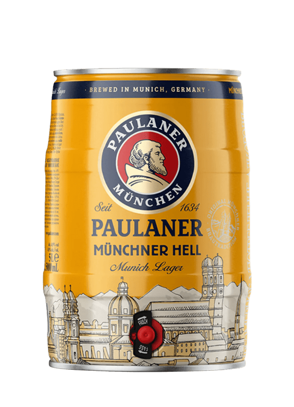 A 5-liter mini keg of Paulaner Münchner Hell Lager Beer, designed like a traditional beer barrel with a gold background and blue accents. The front features the iconic Paulaner logo—a monk's profile in a red and gold circle—with 'Paulaner München' prominently displayed. Below, it reads 'Münchner Hell,' indicating this is a classic Munich-style pale lager. The keg includes a built-in draught tap for easy pouring, making it ideal for parties or gatherings. The overall look is festive and authentic, reflecting